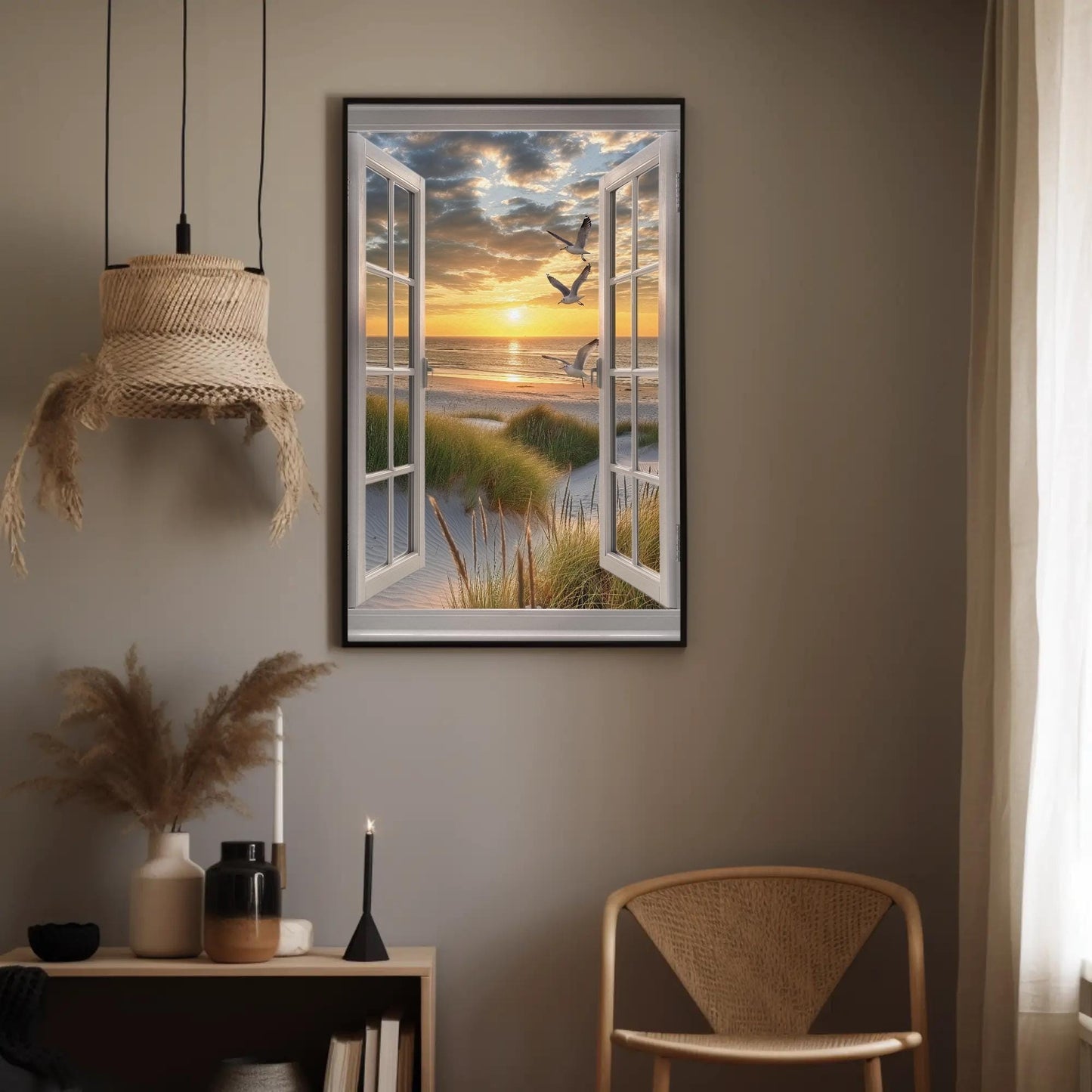 3D Faux Window Art - Sandy Beach View Canvas Print | Coastal Wall Decor - Antarmada
