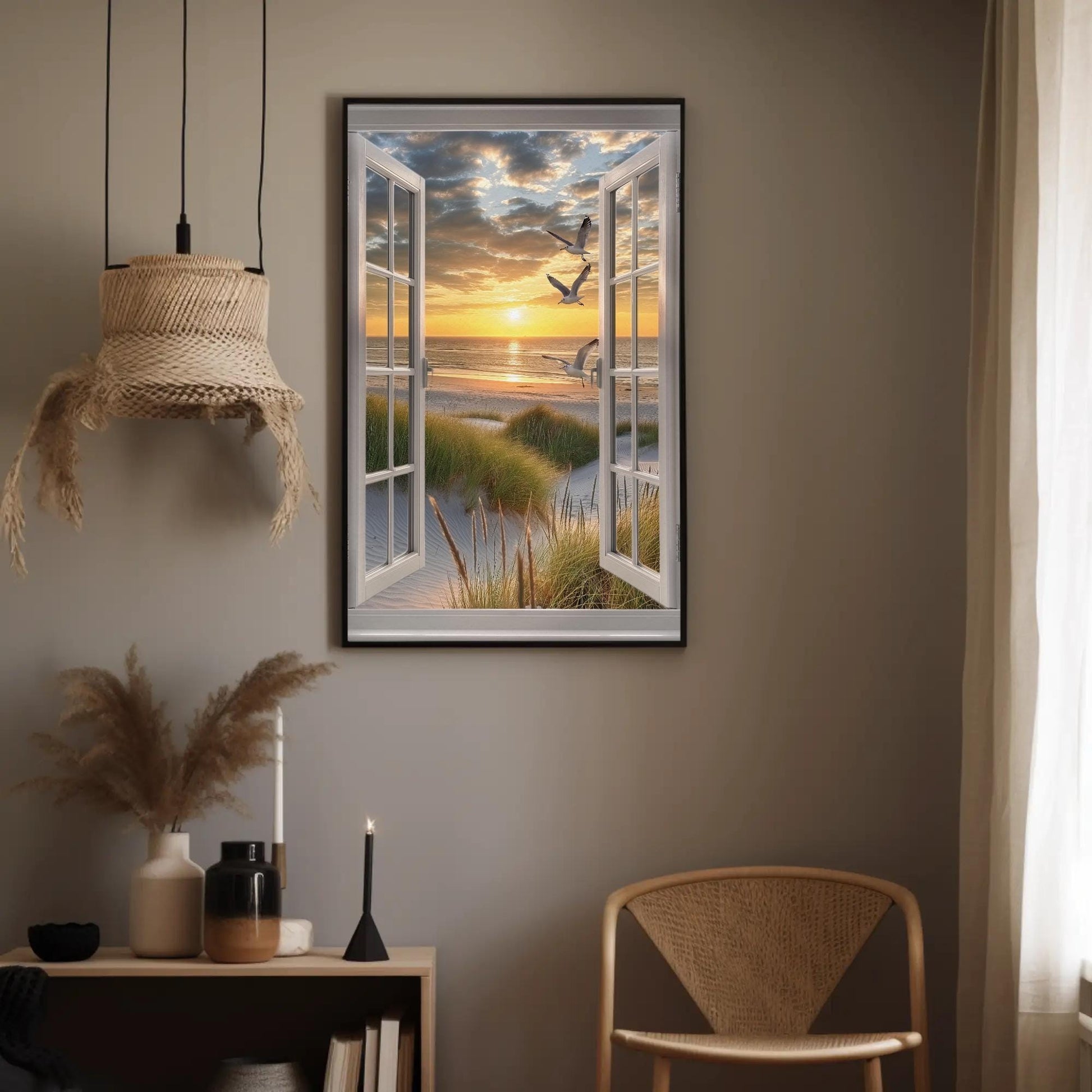 3D Faux Window Art - Sandy Beach View Canvas Print | Coastal Wall Decor - Antarmada
