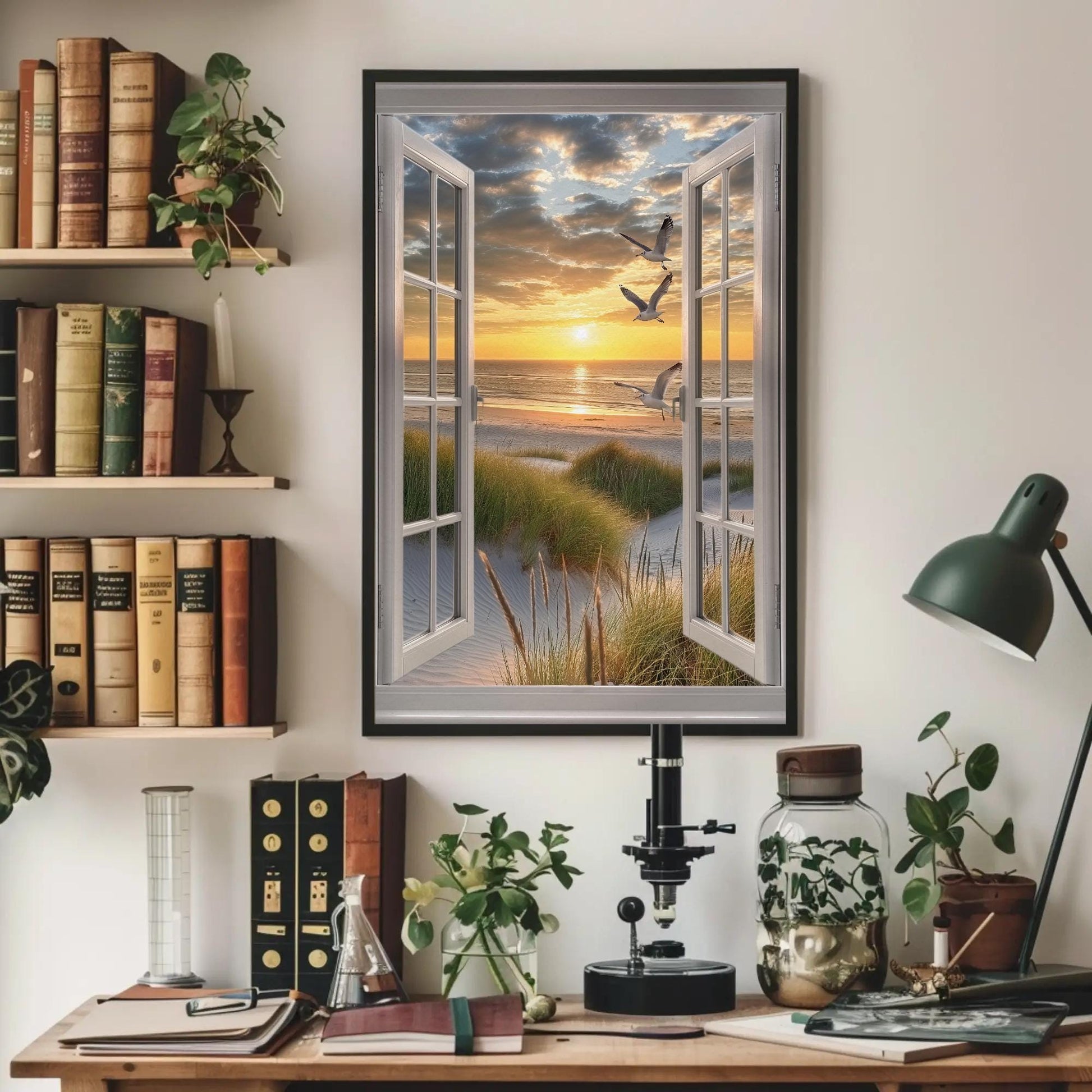 3D Faux Window Art - Sandy Beach View Canvas Print | Coastal Wall Decor - Antarmada