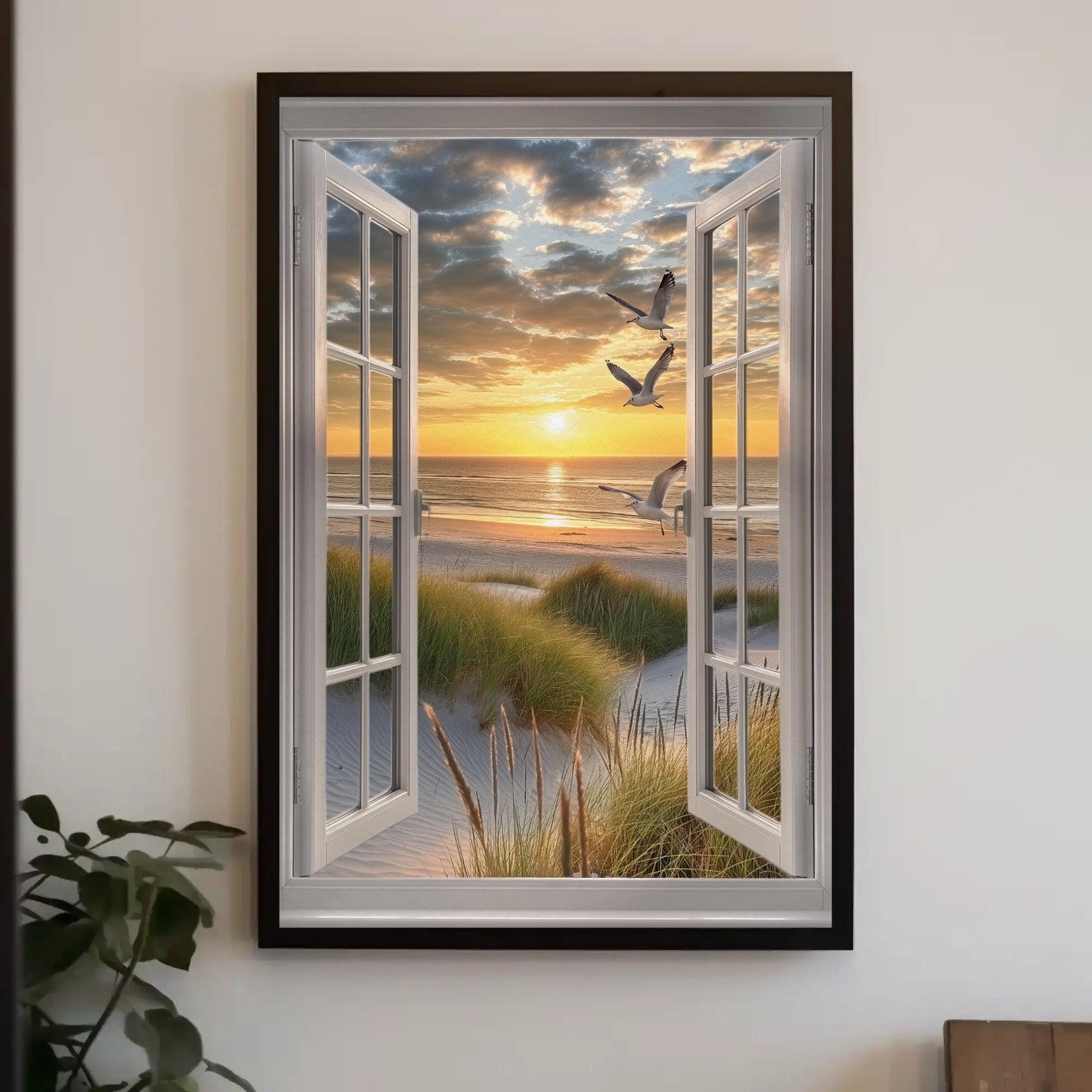3D Faux Window Art - Sandy Beach View Canvas Print | Coastal Wall Decor - Antarmada