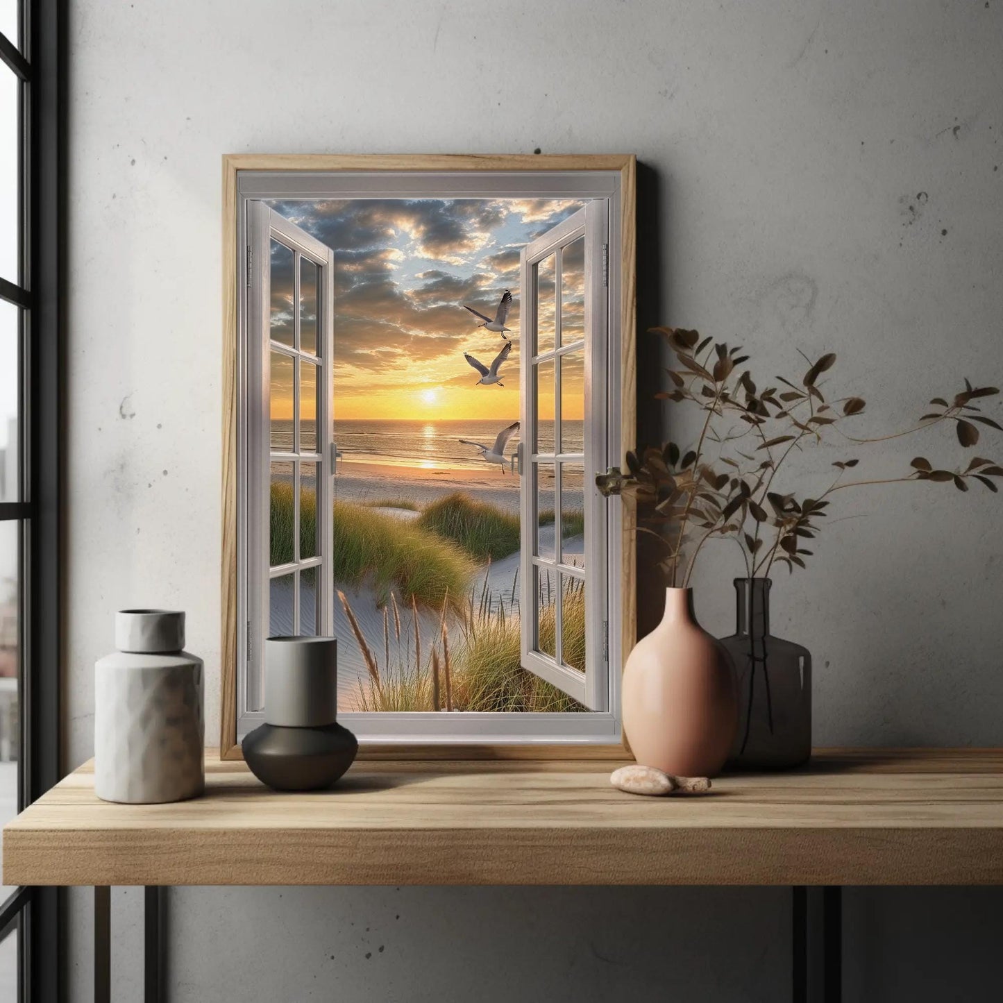 3D Faux Window Art - Sandy Beach View Canvas Print | Coastal Wall Decor - Antarmada