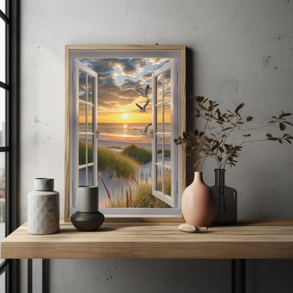 3D Faux Window Art - Sandy Beach View Canvas Print | Coastal Wall Decor - Antarmada