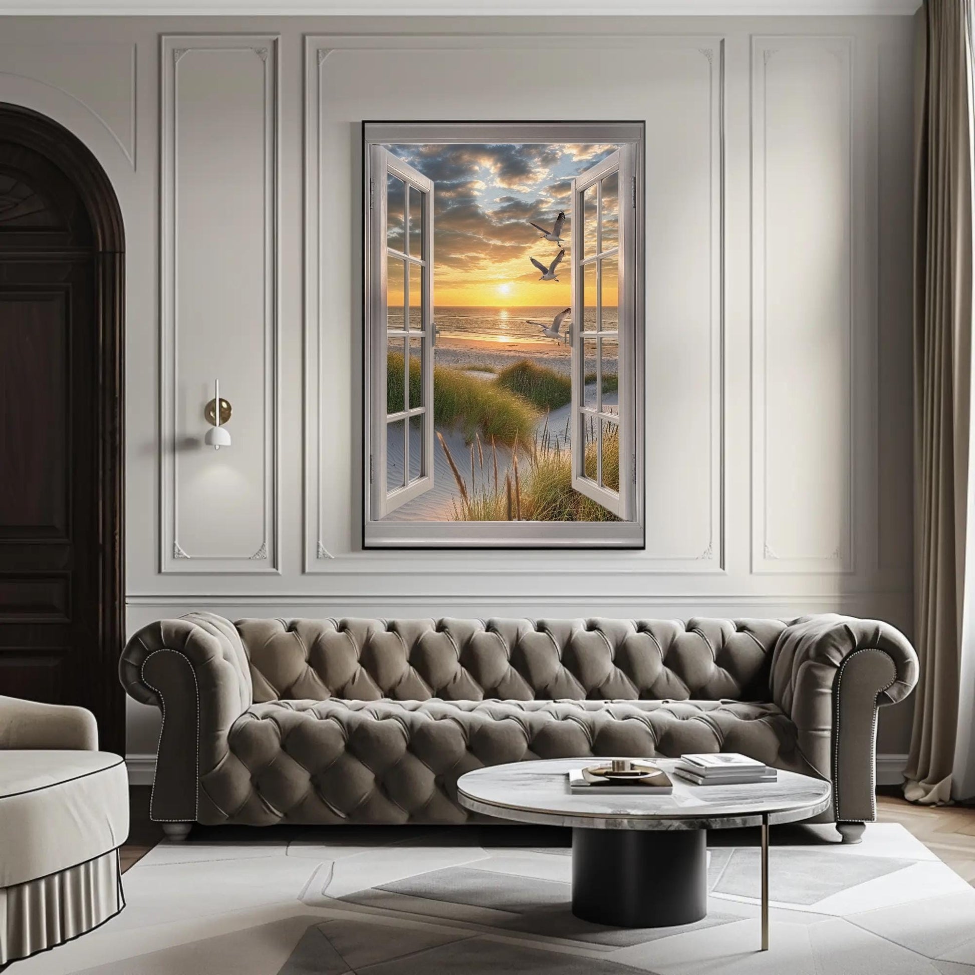 3D Faux Window Art - Sandy Beach View Canvas Print | Coastal Wall Decor - Antarmada