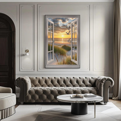 3D Faux Window Art - Sandy Beach View Canvas Print | Coastal Wall Decor - Antarmada