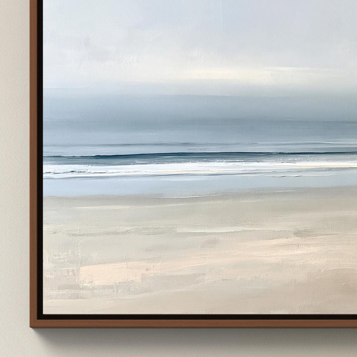Calm minimalist beach canvas wall art, serene beach scene with a calm ocean and a sandy shoreline