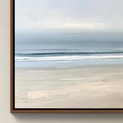 Calm minimalist beach canvas wall art, serene beach scene with a calm ocean and a sandy shoreline