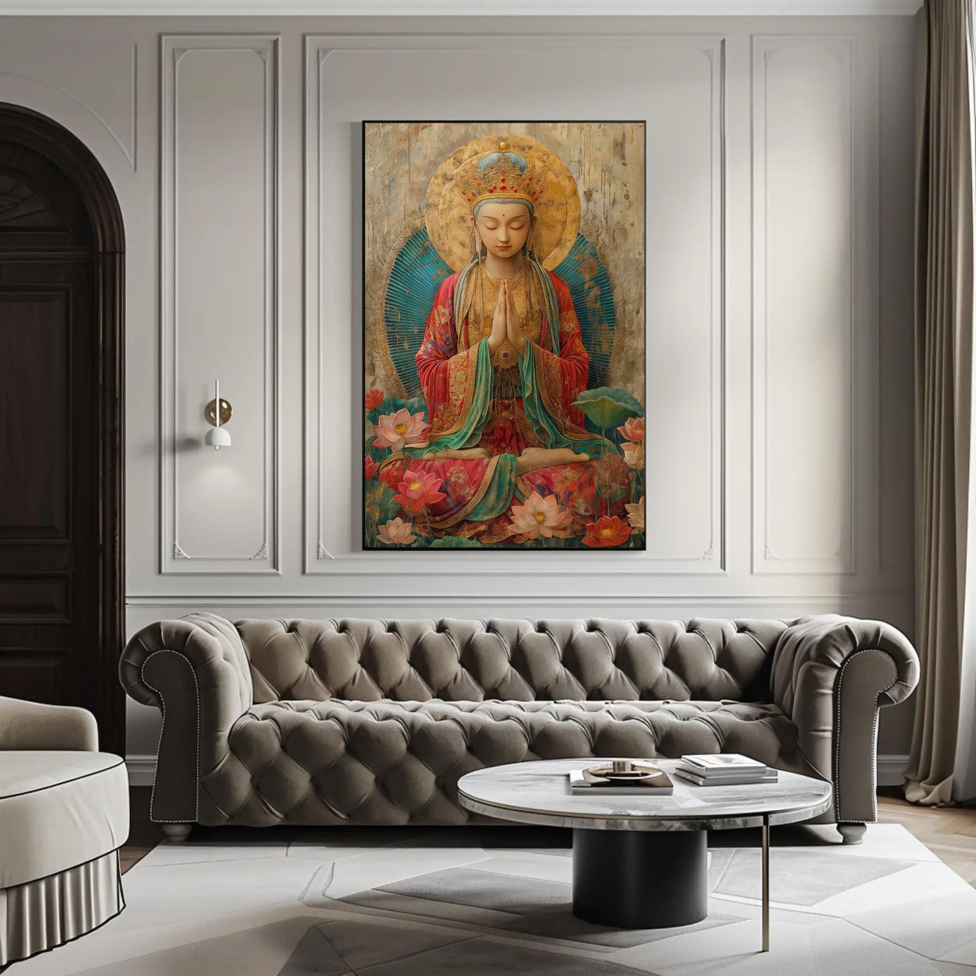 Tara Goddess canvas wall art shown in a living room