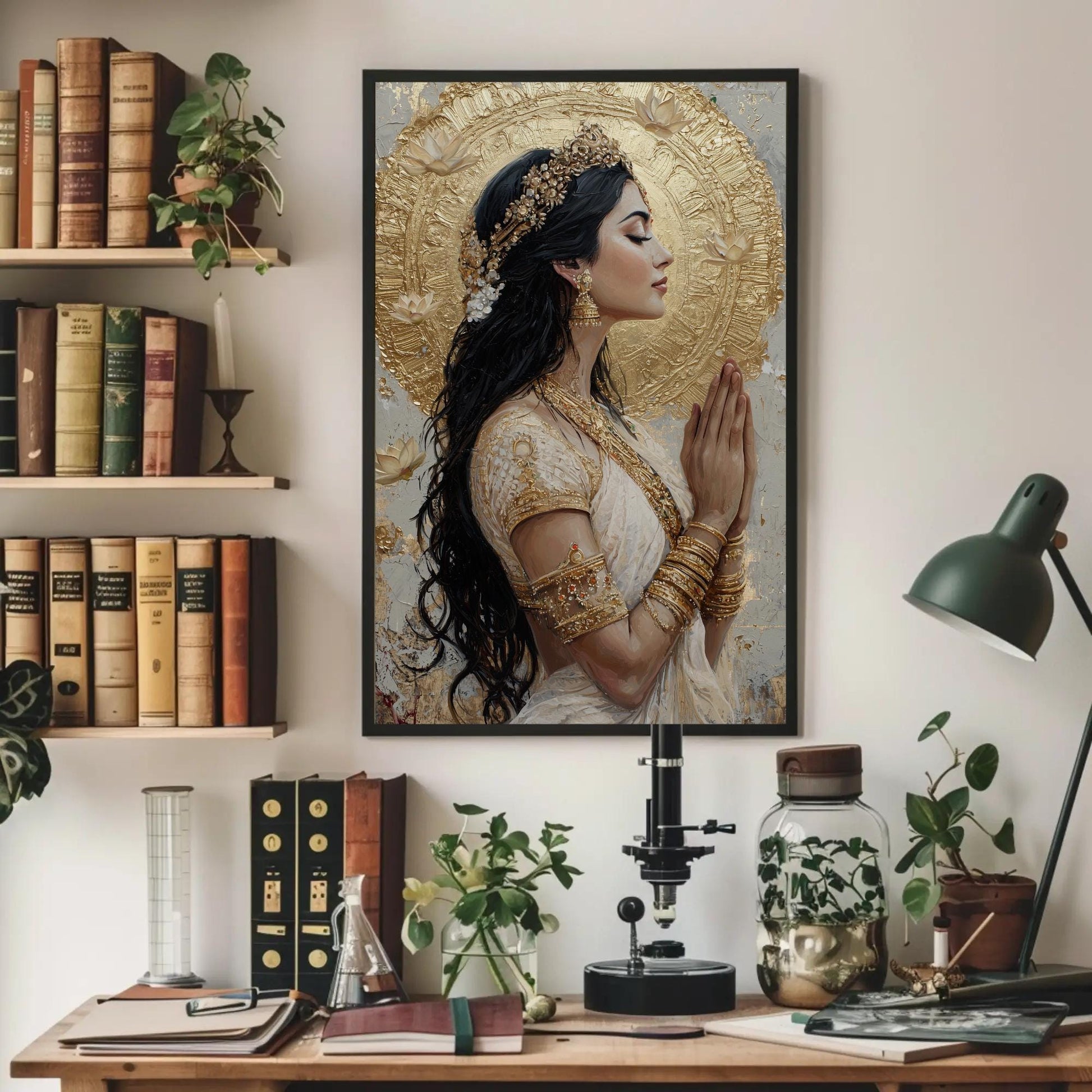 Gold Lakshmi canvas wall art shown above a desk