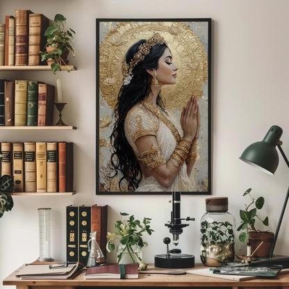 Gold Lakshmi canvas wall art shown above a desk