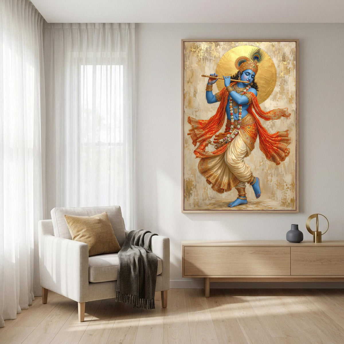 a large painting of a Hindu deity, specifically the Hindu god Krishna, who is depicted playing a flute. The painting is hung on a wall in a living room setting, with a chair and a wooden cabinet visible in the foreground.