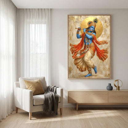 a large painting of a Hindu deity, specifically the Hindu god Krishna, who is depicted playing a flute. The painting is hung on a wall in a living room setting, with a chair and a wooden cabinet visible in the foreground.