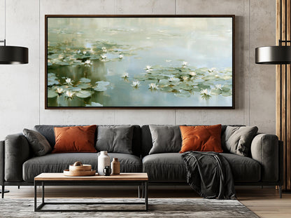 a large painting of a pond with lily pads hanging on a wall above a gray sofa with orange throw pillows.