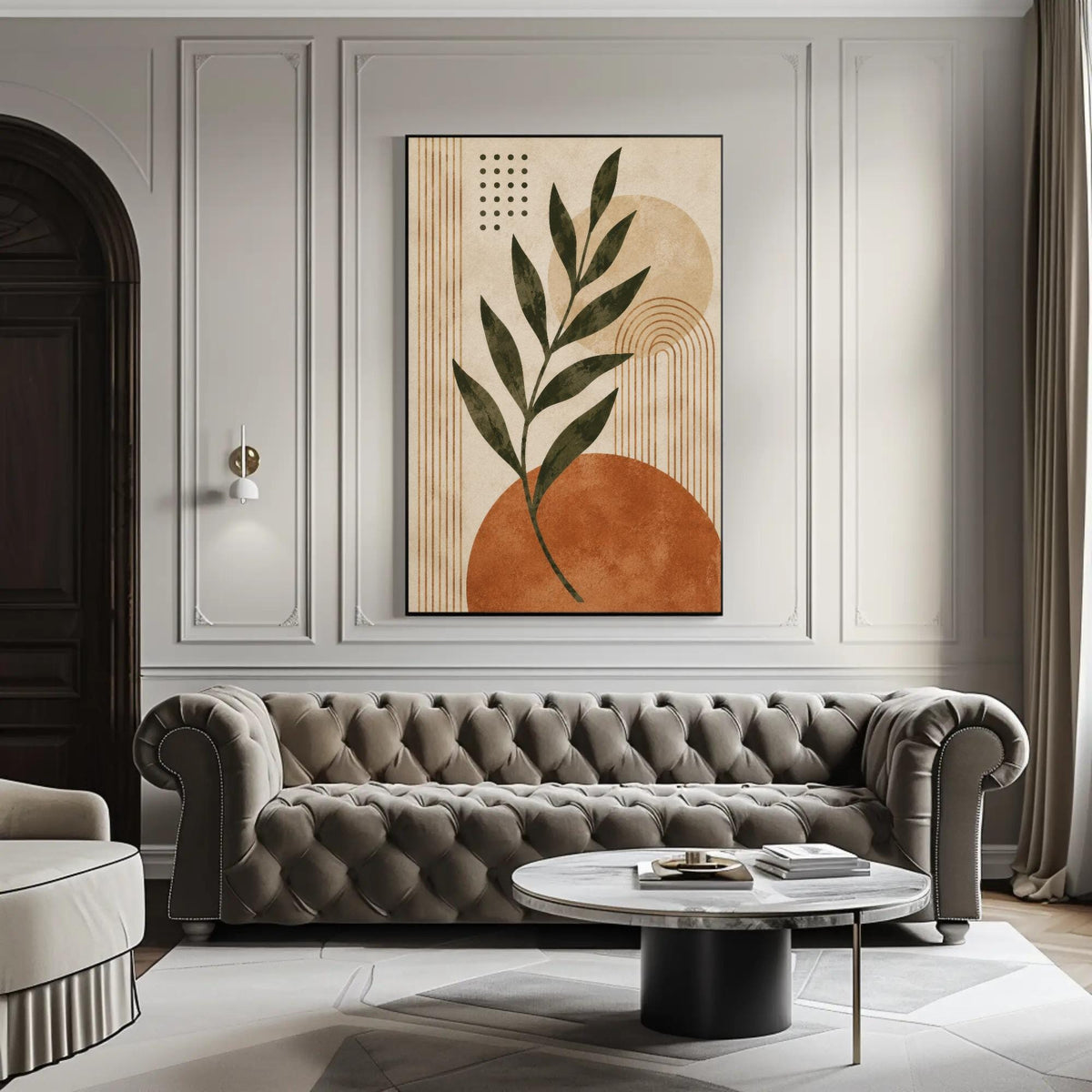 Boho leaf and sun canvas wall art, modern living room with a tufted gray sofa, a round coffee table, and a large abstract