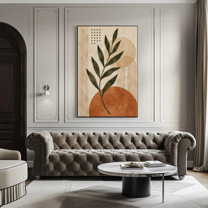 Boho leaf and sun canvas wall art, modern living room with a tufted gray sofa, a round coffee table, and a large abstract