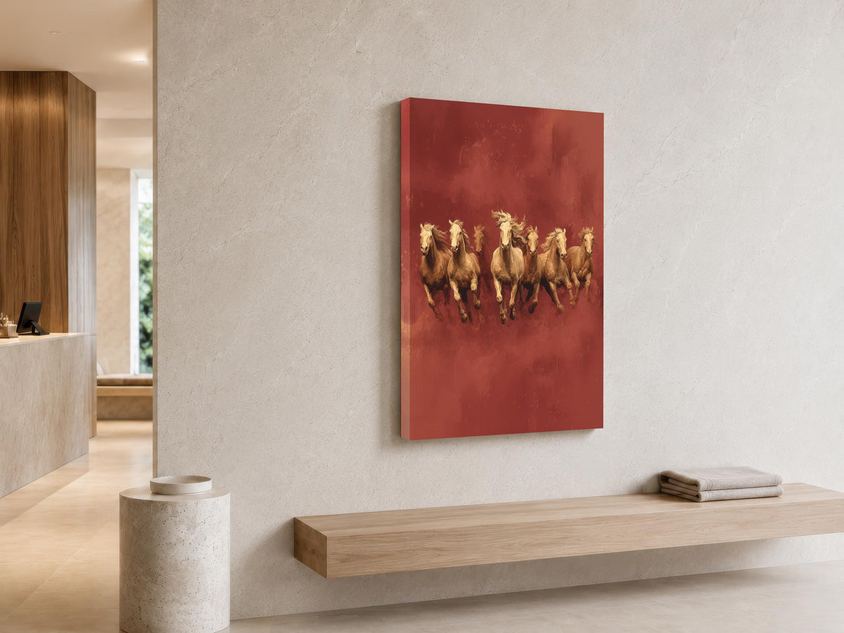 a large red painting of a group of horses running on a red background, hanging on a wall in a modern interior space.