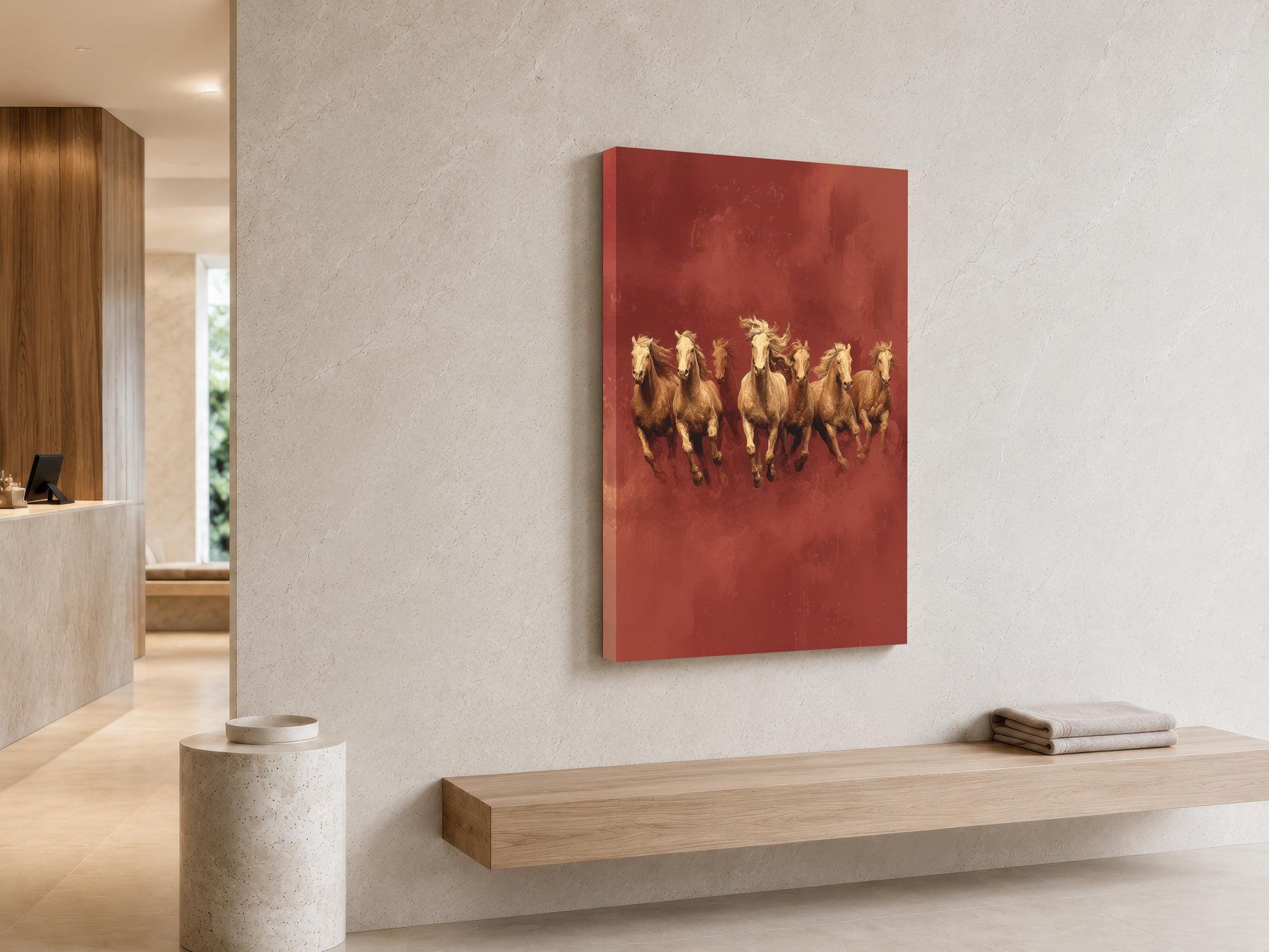 a large red painting of a group of horses running on a red background, hanging on a wall in a modern interior space.
