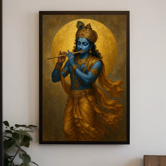 a blue-skinned Hindu deity playing a flute, with a golden robe and a crown on his head.