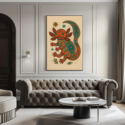 Axolotl boho canvas wall art, ready to hang