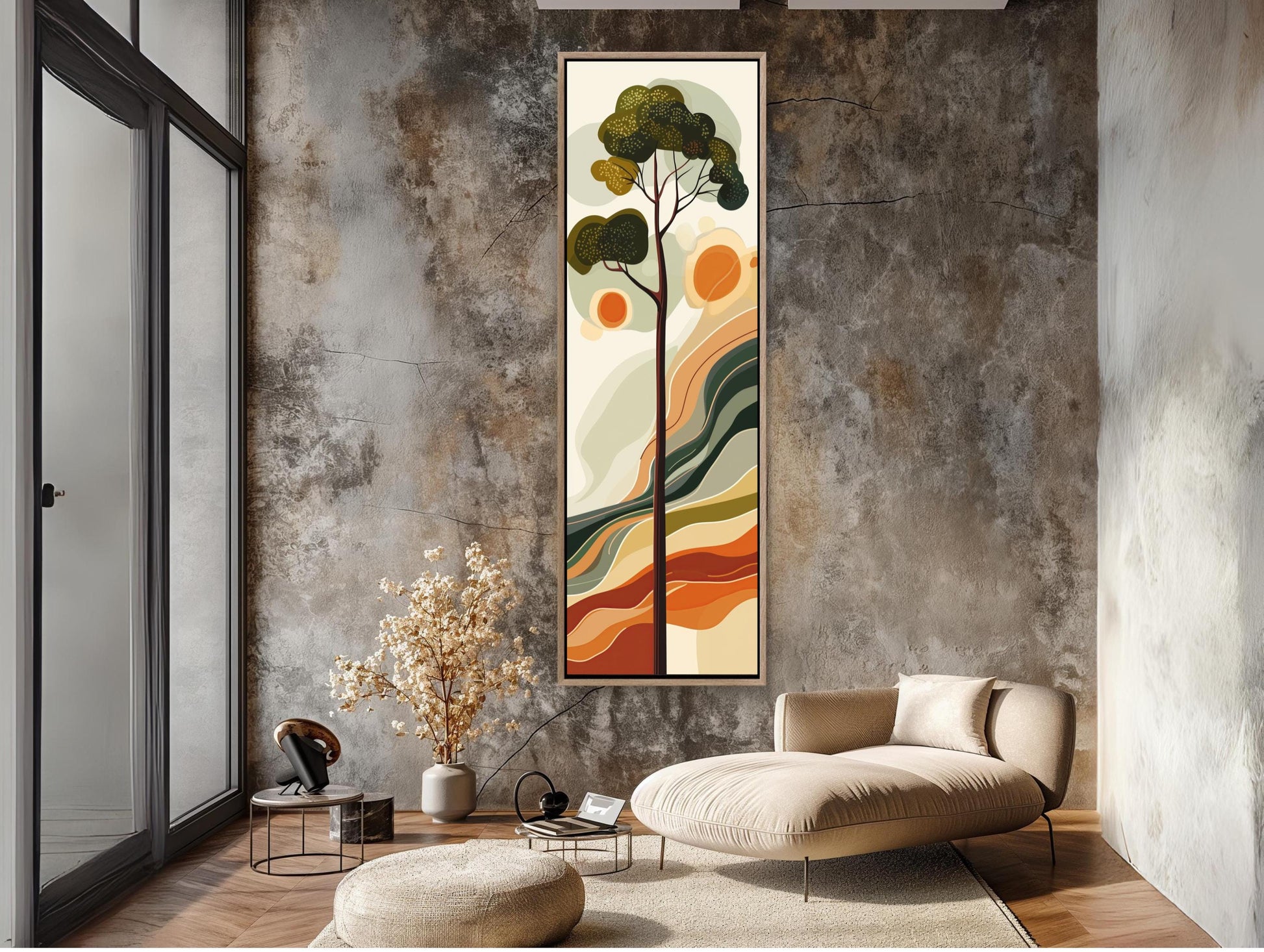 a modern living room with a large abstract painting hanging on the wall, a comfortable sofa, and a coffee table with decorative items.