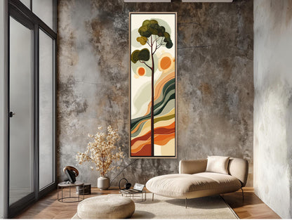 a modern living room with a large abstract painting hanging on the wall, a comfortable sofa, and a coffee table with decorative items.