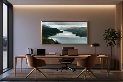 a modern office space with a large window overlooking a scenic landscape. The office features a wooden desk with a laptop, a comfortable chair, and a framed landscape painting on the wall.