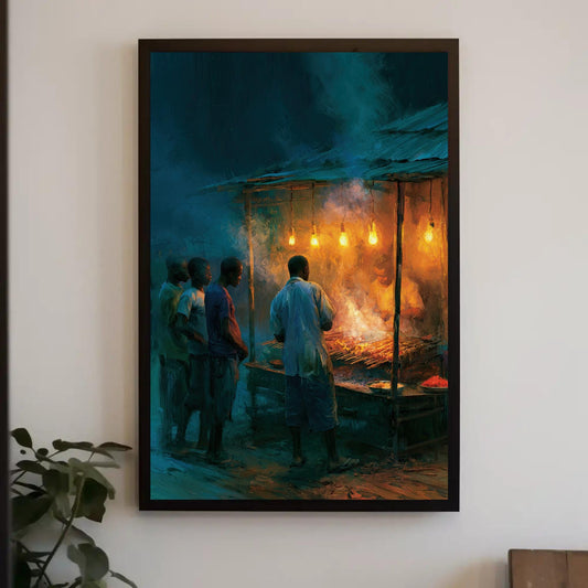 Nigerian suya night market canvas wall art, men at a fire-lit grill stall under glowing bulbs