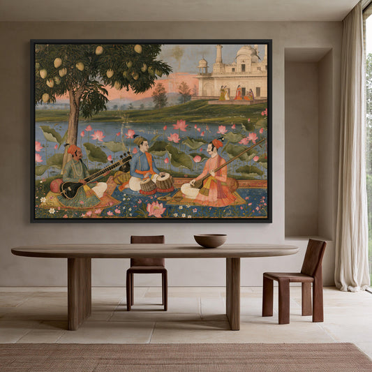 Indian musicians by lotus pond canvas wall art, large painting of a serene scene with people sitting by a pond, playing