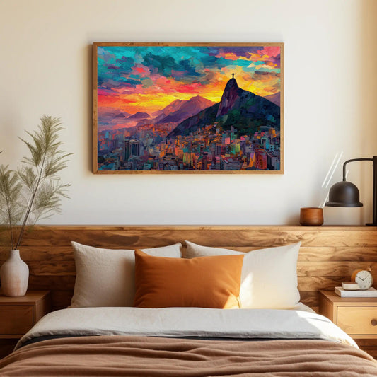 Rio de Janeiro sunset canvas wall art, large, colorful painting of a cityscape with mountains in the background, hanging on