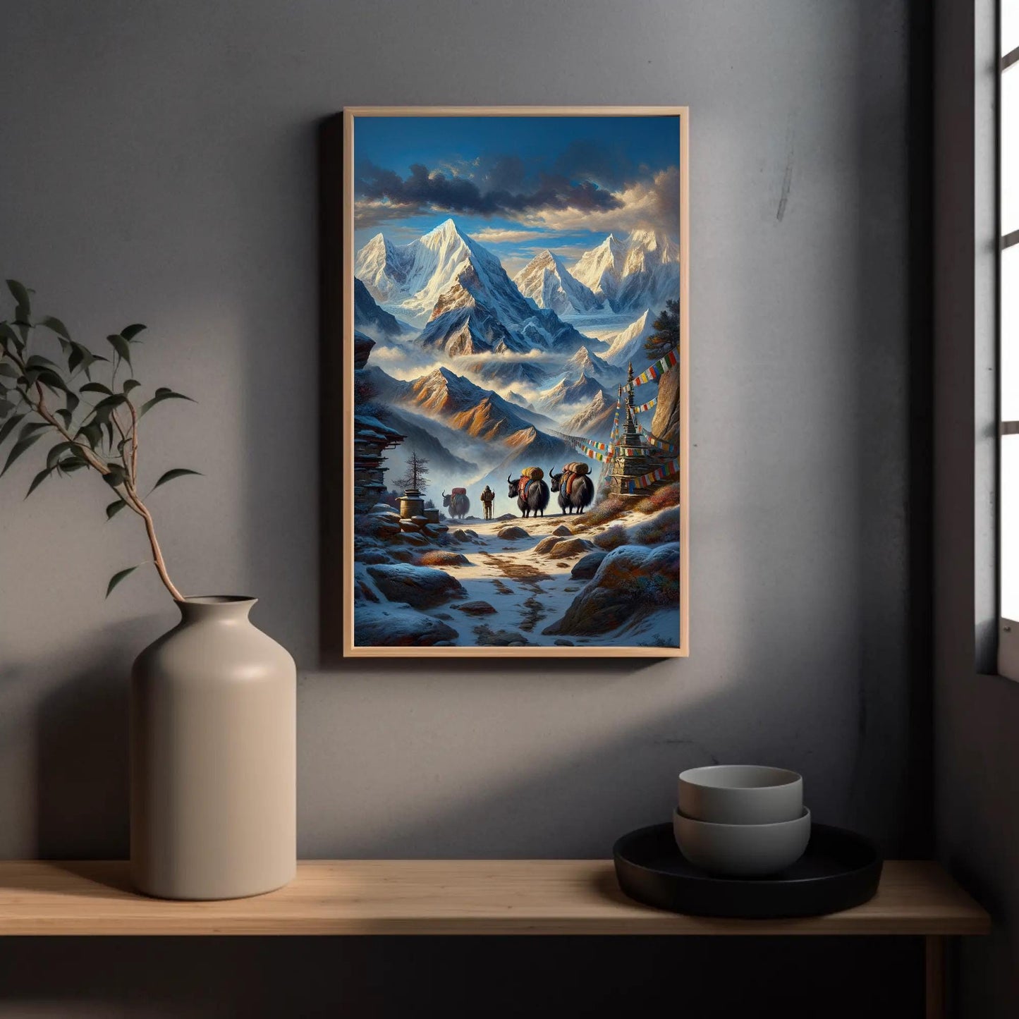 Himalayan Yak , Nepal Mountain Landscape canvas wall art in blue tones
