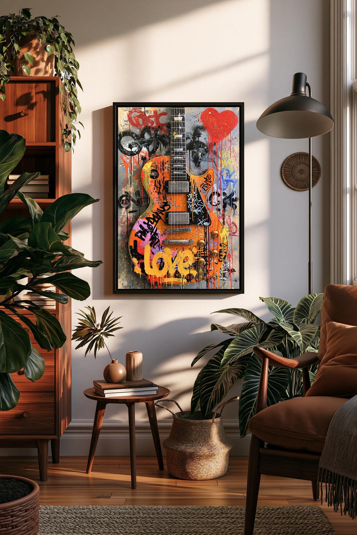 a cozy living room with a large guitar-themed painting hanging on the wall, surrounded by various plants and furniture.