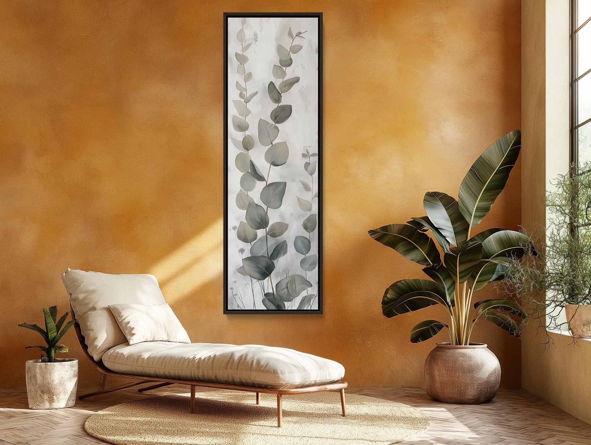 Eucalyptus Leaves , Tall Narrow Botanical canvas wall art shown in a living room