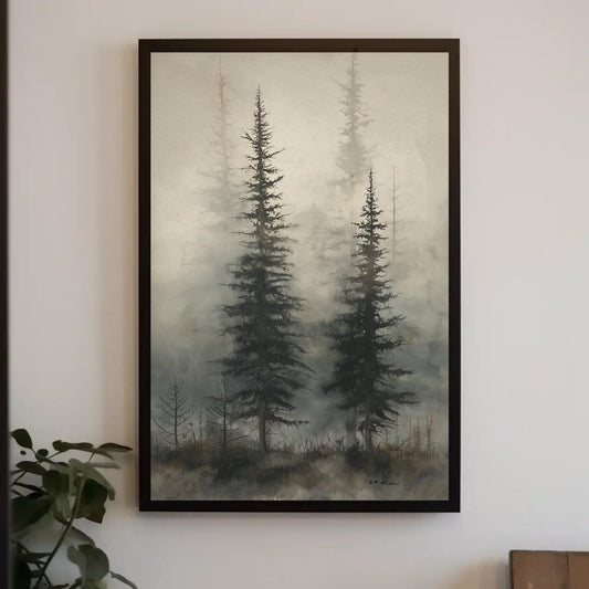 a painting hanging on a wall above a potted plant