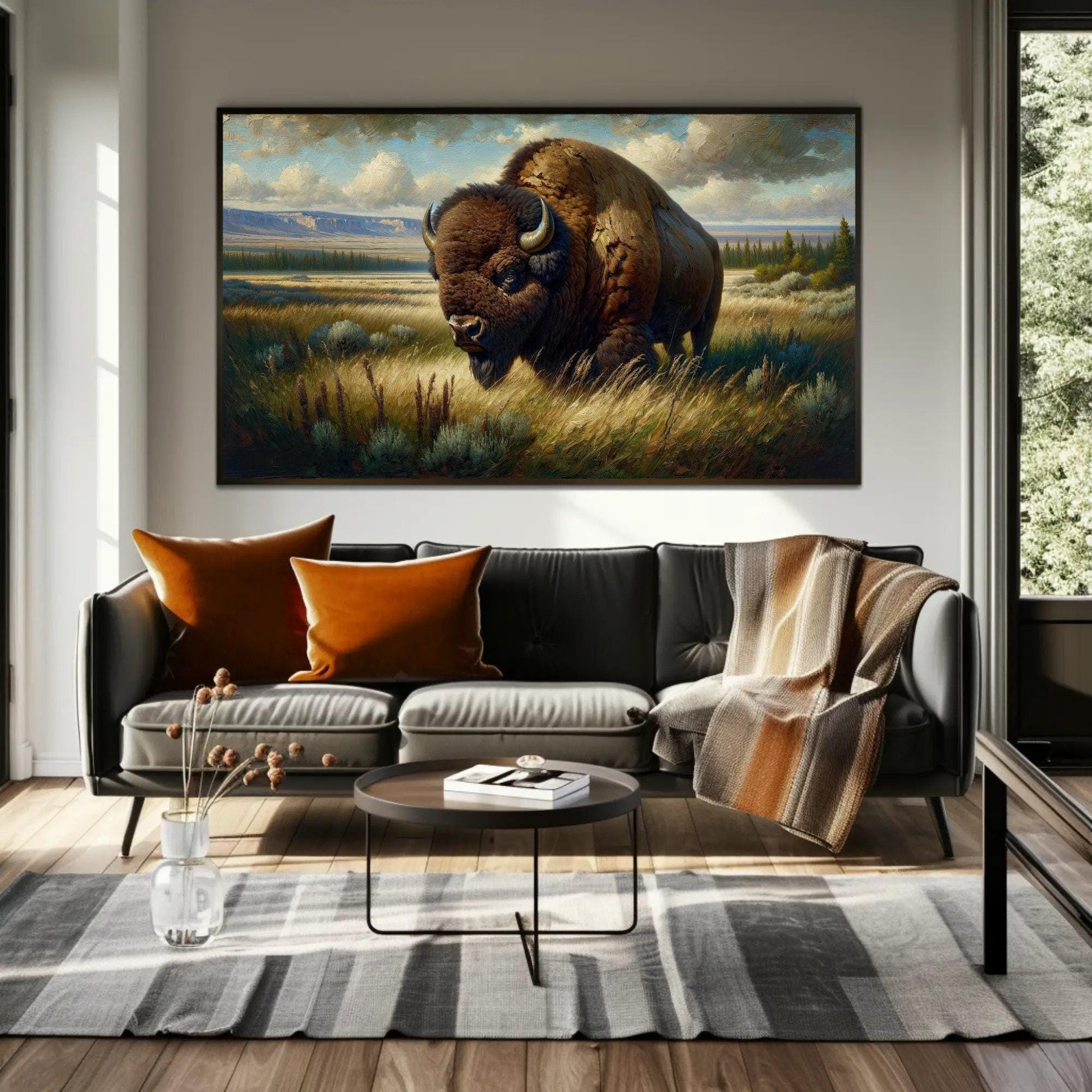 Bison Oil Painting canvas wall art shown in a living room