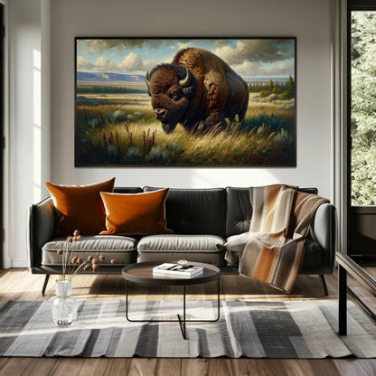Bison Oil Painting canvas wall art shown in a living room