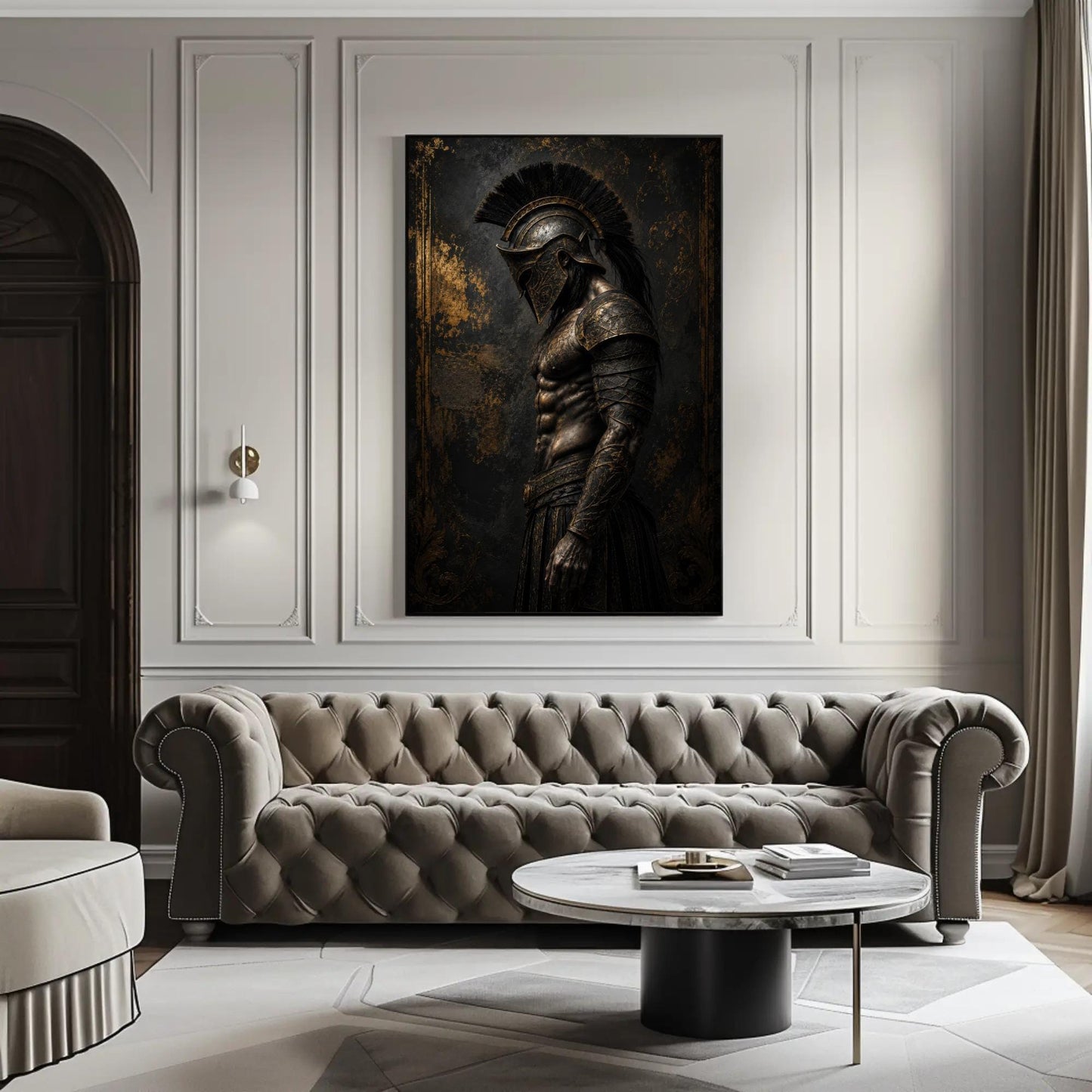 Spartan Hoplite canvas wall art shown in a styled interior