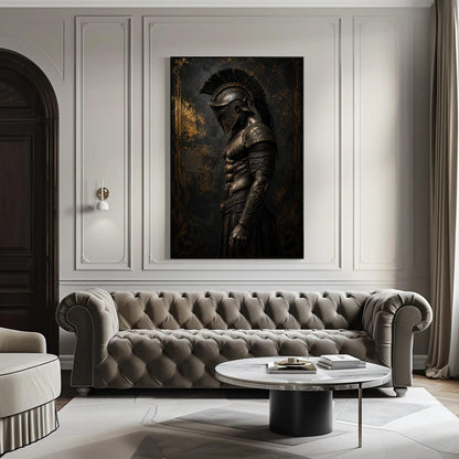 Spartan Hoplite canvas wall art shown in a styled interior