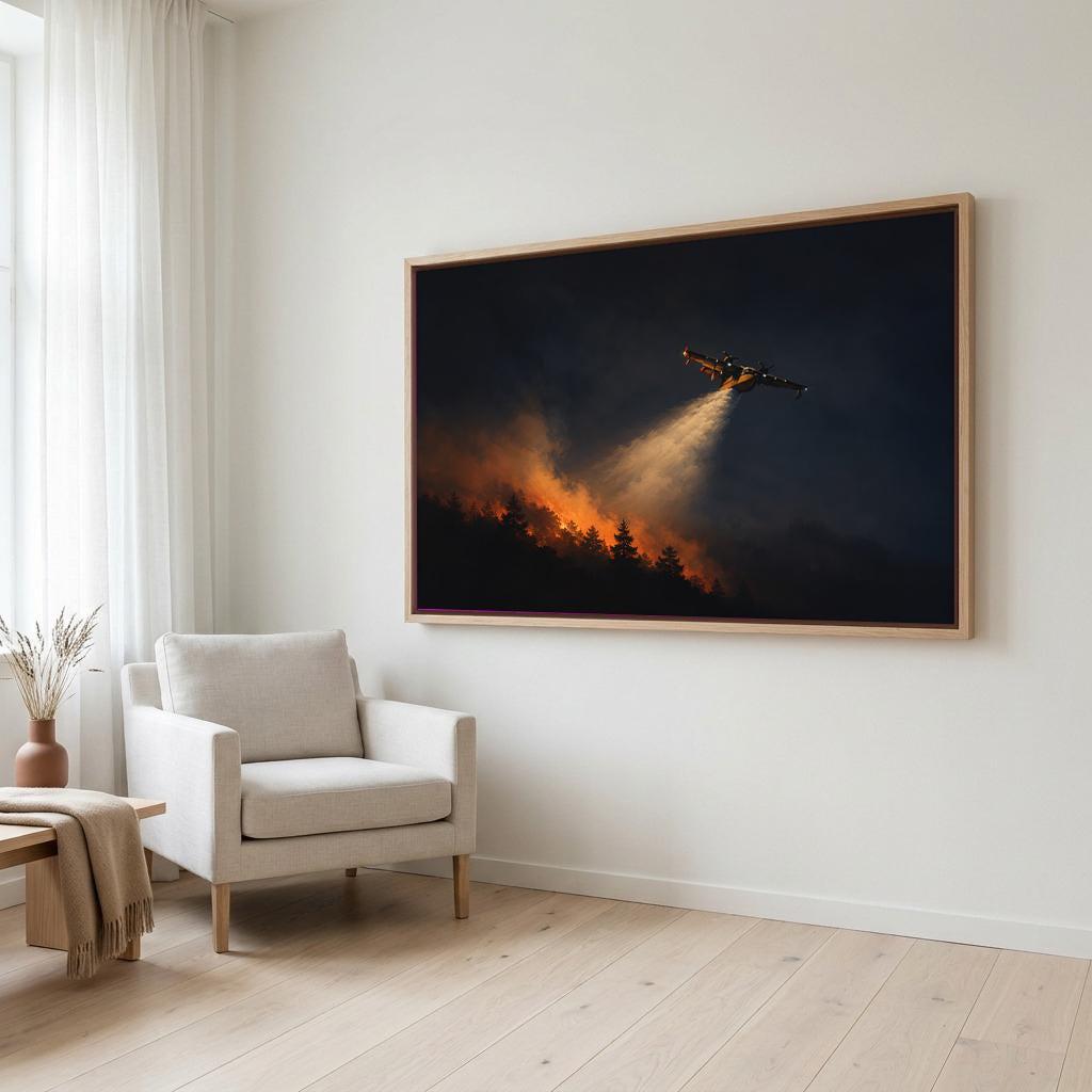 Firefighting air tanker canvas wall art in a room setting