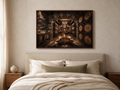 a cozy bedroom with a large bed, wooden nightstands, and a framed picture of a wine cellar above the bed.