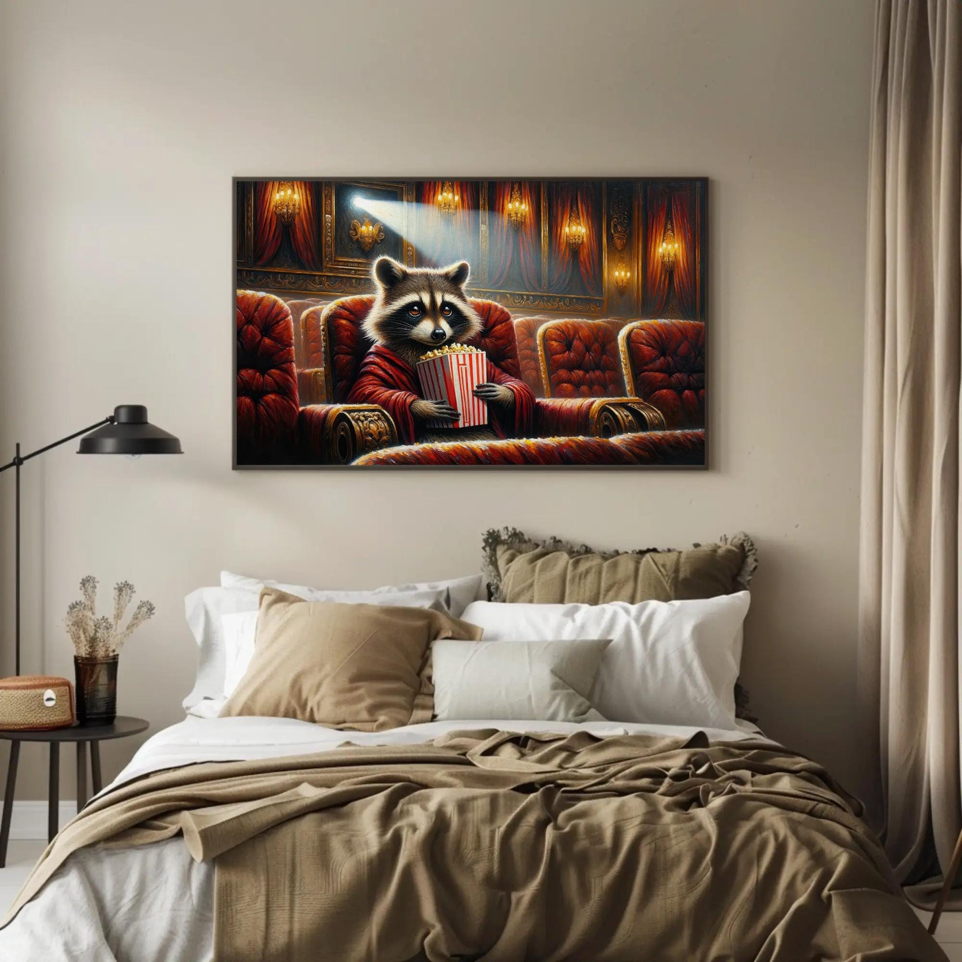 Raccoon canvas wall art shown above a sofa (view 4)