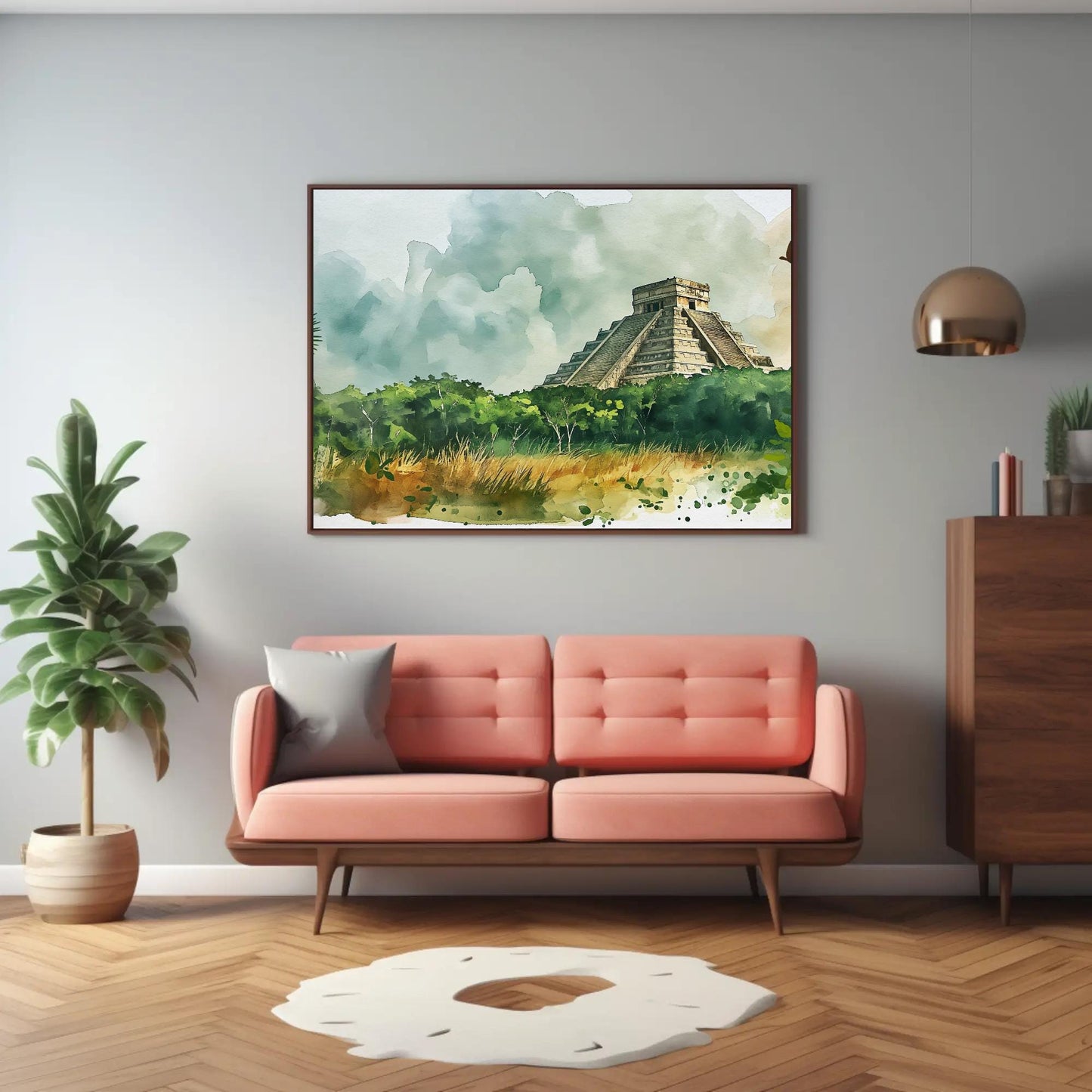 Chichen Itza canvas wall art shown in a living room