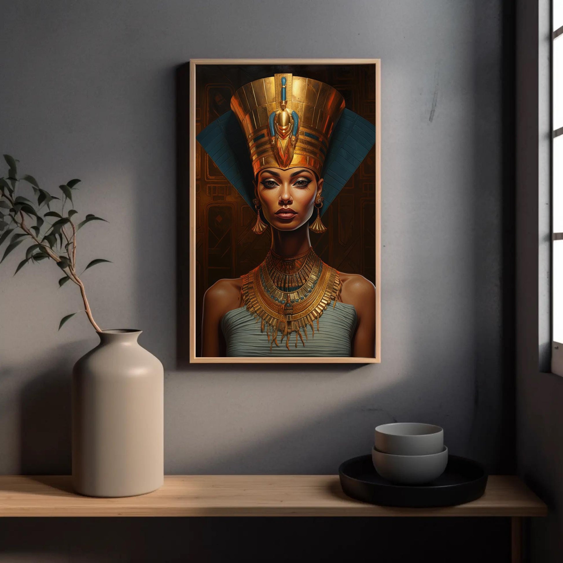Queen Nefertiti , Egyptian Royal Black canvas wall art shown in a styled room (view 4)