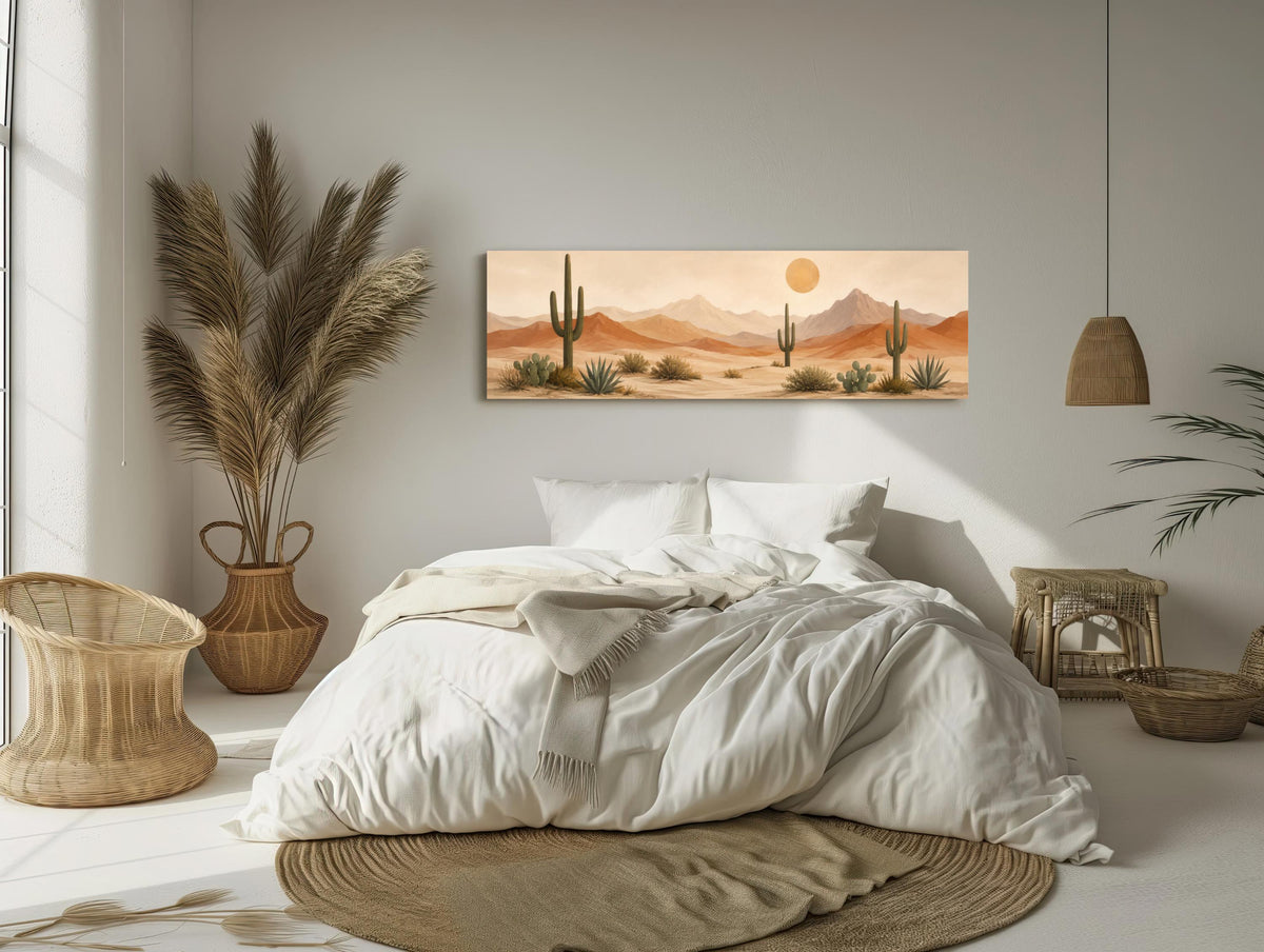Saguaro desert panorama canvas wall art, serene bedroom scene with a large bed, a painting of a desert landscape, and
