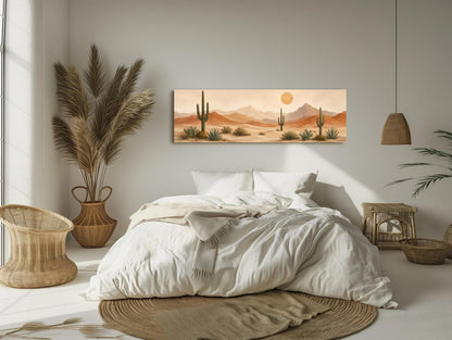 Saguaro desert panorama canvas wall art, serene bedroom scene with a large bed, a painting of a desert landscape, and
