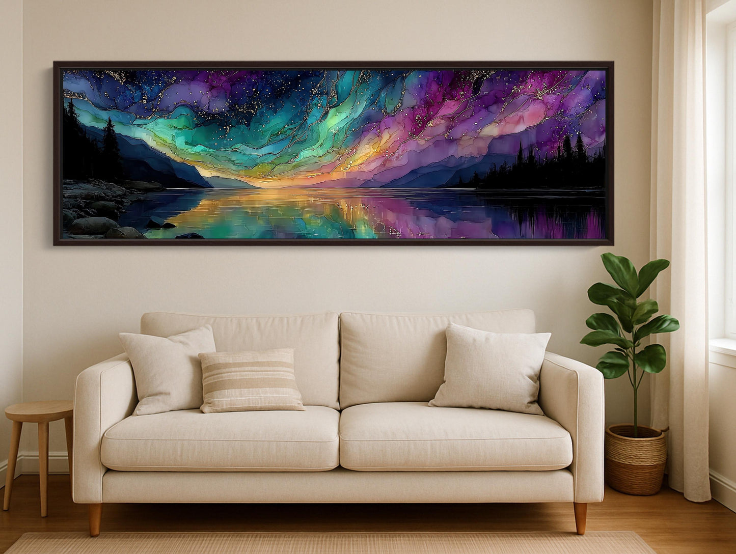 Aurora Lake , Northern Lights Panoramic canvas wall art shown in a living room