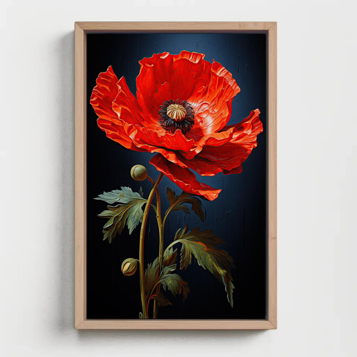 Red poppy on navy canvas wall art, framed painting of a large, vibrant red poppy flower against a dark background