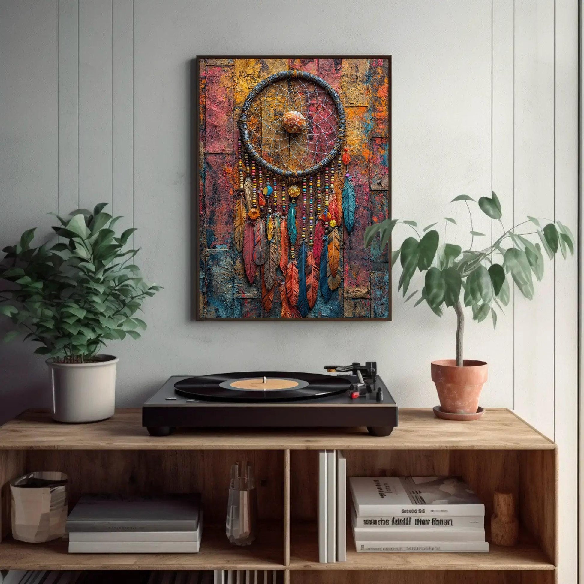 Dreamcatcher , Boho Rustic Feather canvas wall art shown in a styled room