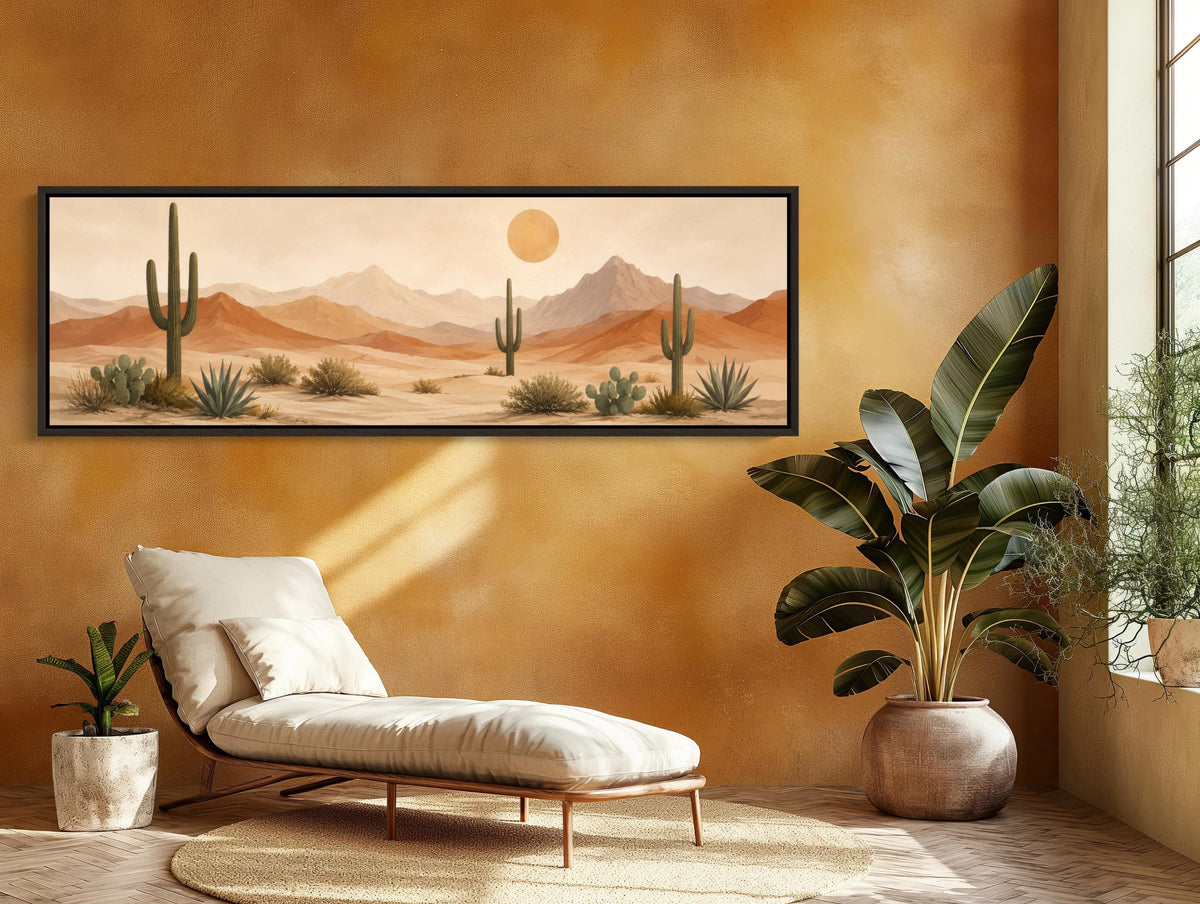 Saguaro desert panorama canvas wall art, desert landscape with a cactus and a sun in the sky, surrounded by mountains. The