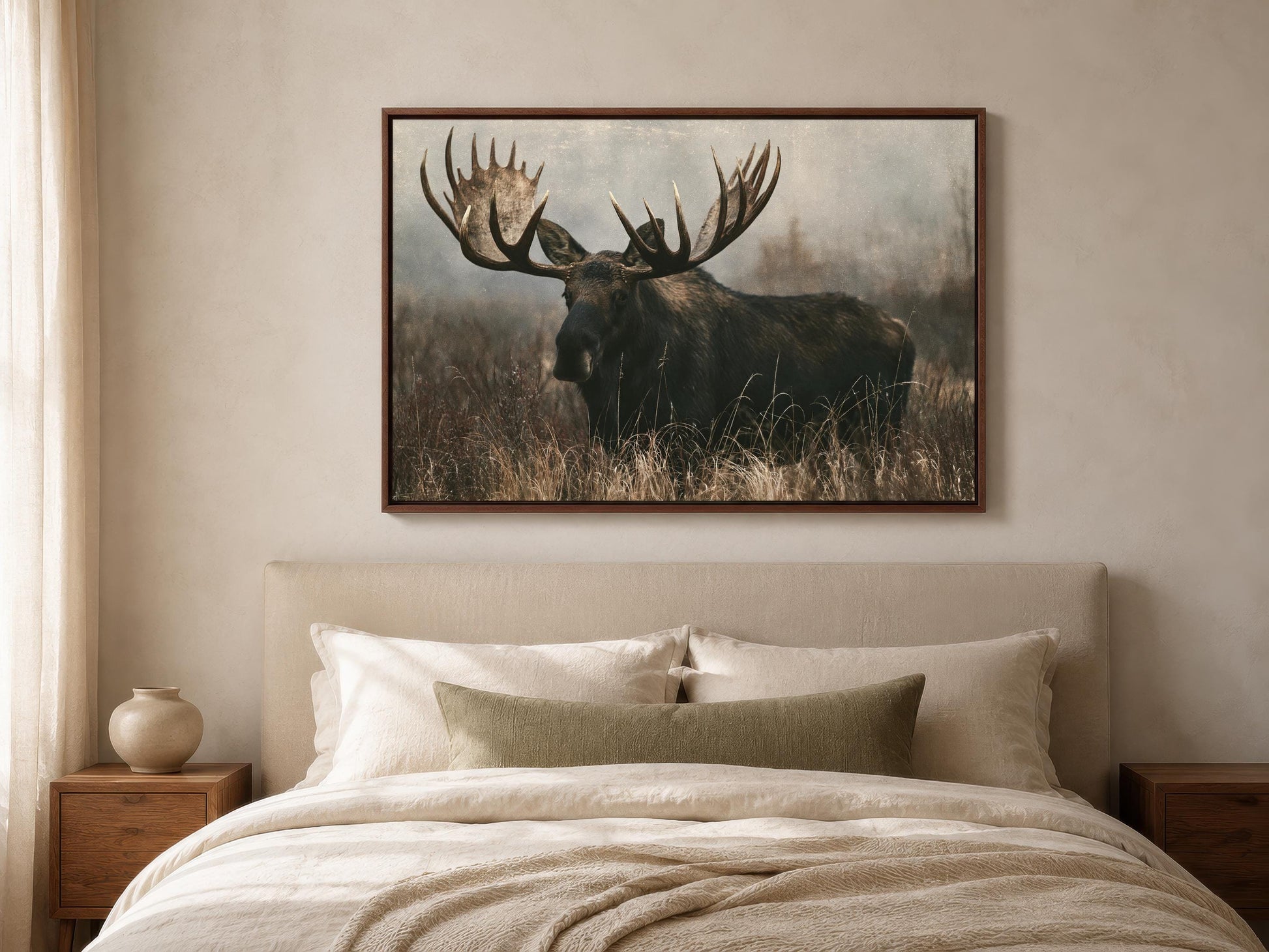 a large framed picture of a moose with large antlers, hanging above a bed with white bedding.