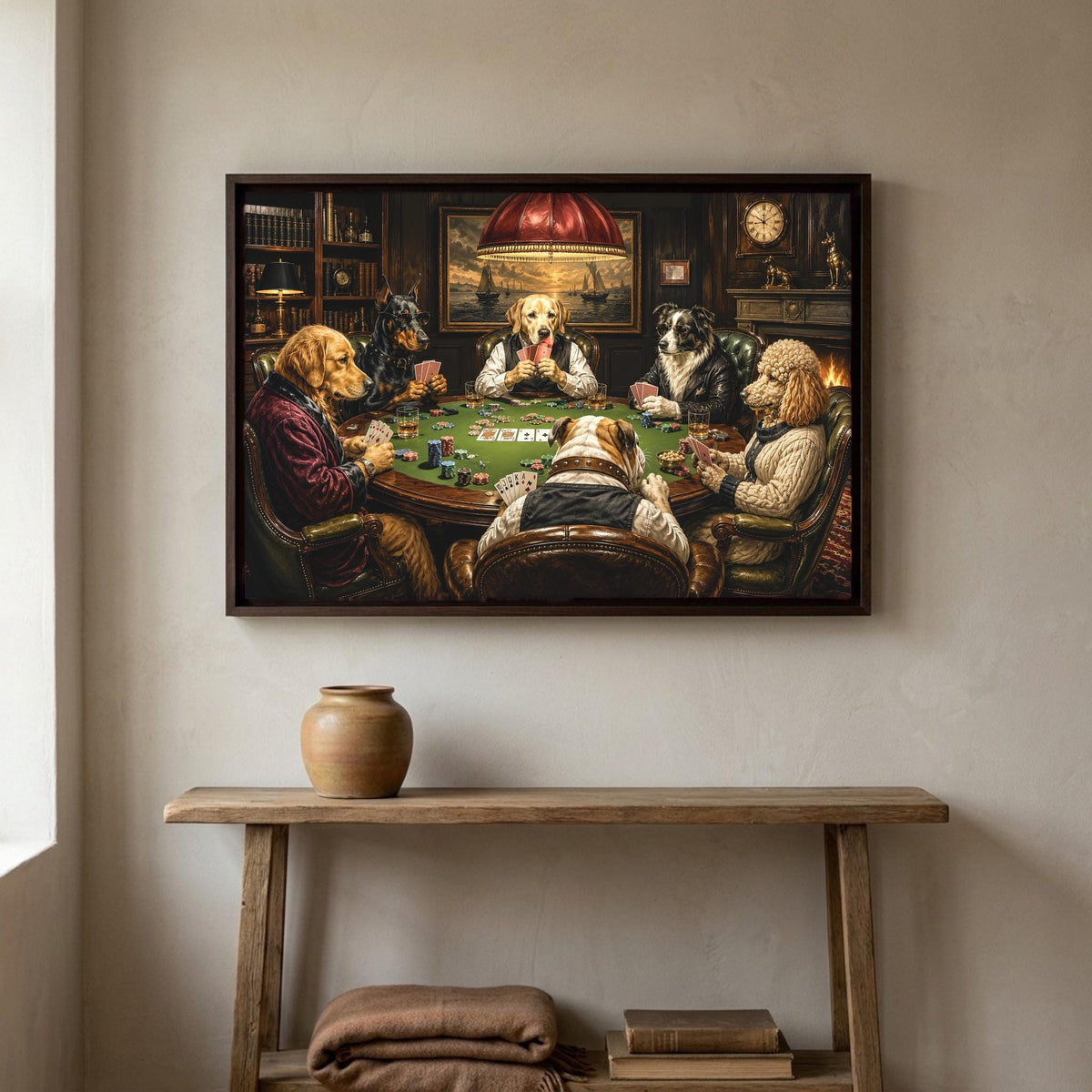 Dogs playing poker canvas wall art, group of dogs playing a card game at a table, with a vase and books on a wooden table in