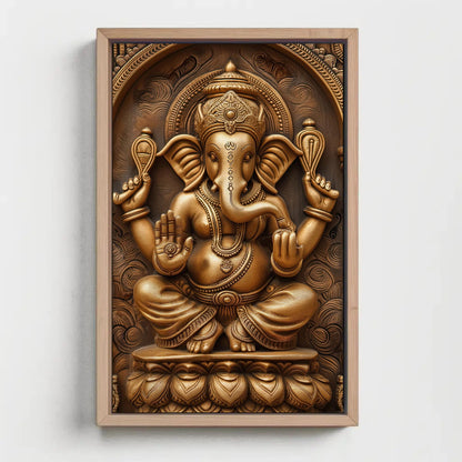 a golden statue of a ganesha on a white wall